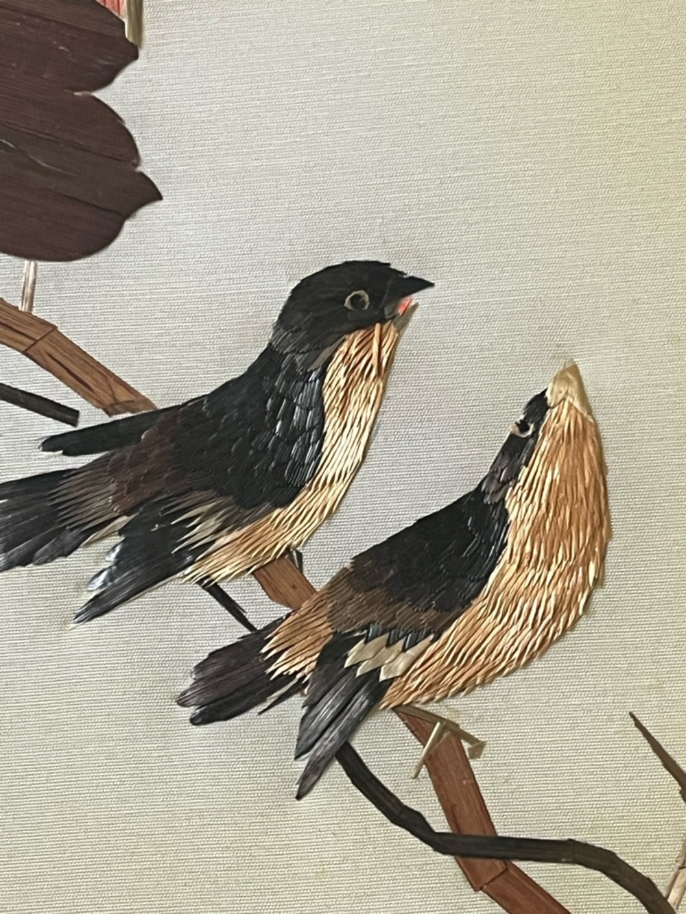 Vintage Chinese Folk Art Wheat Stalk Robin Flower Branches Scene Stamped Framed